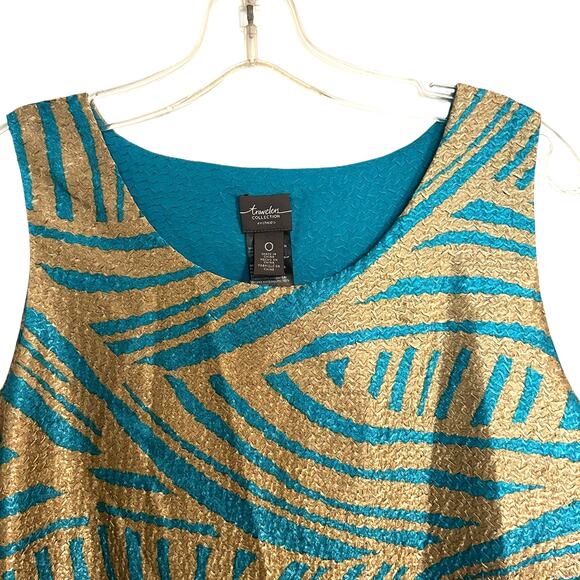 Chico's Travelers Top Sleeveless SZ O Teal Gold Textured Metallic Abstract Shiny - Picture 3 of 9